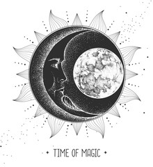 Wall Mural - Modern magic witchcraft card with astrology sun and moon sign with human face. Day and nignt.