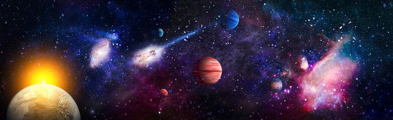 Wall Mural - nebula and galaxies in deep space. beauty of endless cosmos. science fiction art. bursting galaxy - 