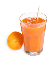 Tasty persimmon smoothie with straw and fresh fruit isolated on white