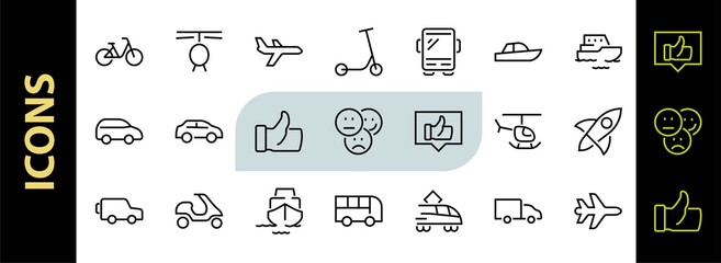 Set of public transport related vector line icons. Contains icons such as bus, bike, suitcase, car, scooter, truck, transport, trolley bus, sailboat, motor boat, plane and much more. Editable stroke