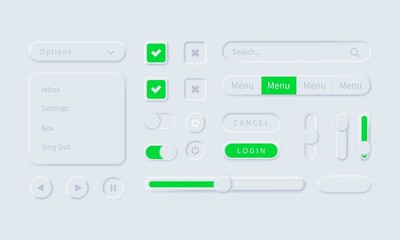 Neumorphism icons. Neumorphic UI UX white user interface web buttons and ui sliders. Vector UI UX kit for mobile applications, web and social media. Mobile menu and apps. Neumorphic ui ux design kit.