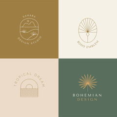 Fototapete - Vector set of linear boho icons and symbols - sun logo design templates - abstract design elements