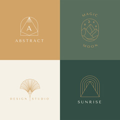 Fototapete - Vector set of linear boho icons and symbols - sun logo design templates - abstract design elements