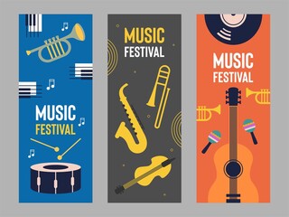 Music festival banner vector illustration set with music instrument icon
