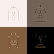 Vector Set Of Linear Design Elements For Logo Templates In Modern Minimalist Style With Copy Space For Text With Human Figures And Heads - Human Spirit And Meditation