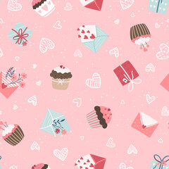 Wall Mural - Lovely hand drawn Valentine's Day seamless pattern, cute design elements, boho style, great for wrapping, textiles, fashion, banners, wallpapers - vector design