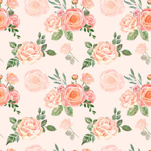 Beautiful Blush Pink And Cream Flowers And Greenery Seamless Pattern. Watercolor Hand Drawn Floral Ornament On Peach Pink Background. Shabby Chic Country Style. Roses And Sage Green Eucalyptus Print.