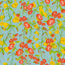 Watercolor Pattern With Orange And Red Sweet Pea.