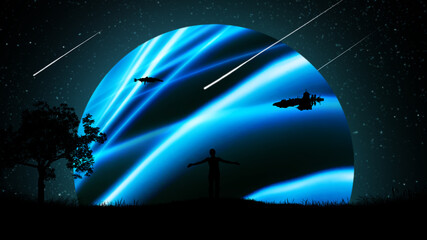 Wall Mural - A man at night outdoors with his hands apart, raised to the air against the background of the starry sky with spaceships and a beautiful glowing neon planet.