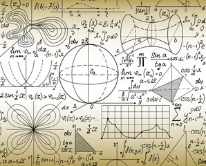Scientific math vector seamless pattern with handwritten formulas, figures and equations, old paper effect
