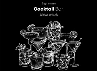 Wall Mural - Alcoholic cocktails sketch. Hand drawn vector illustration. Hand drawn drinks illustration. Cocktails set. Menu design elements.