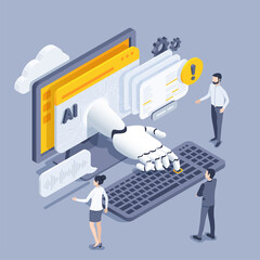 isometric vector illustration on a gray background, the robot hand presses the keyboard button from the screen, people work with artificial intelligence