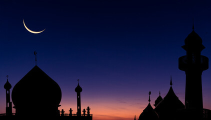 Wall Mural - mosques dome on dark blue twilight sky and crescent moon on background, symbol islamic religion and 