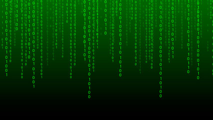 Green matrix background. Falling numbers on screen. Technology stream binary code. Digital vector illustration. Hacking concept.