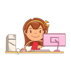 Sticker - Girl working on computer, happy cute child