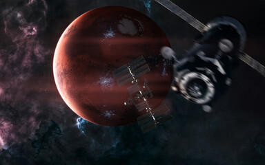 Wall Mural - inhabited mars. space stations on background of red planet of solar system. station blurred in motio