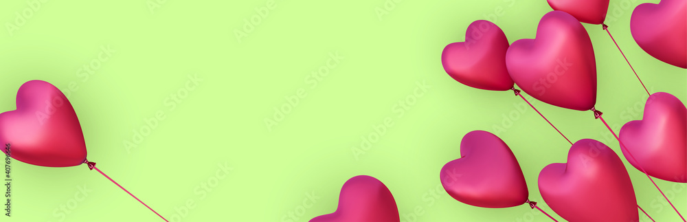 Green banner with realistic 3d pink heart balloons. - obrazy, fototapety, plakaty 