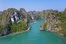 Aerial View Of Floating Fishing Village In Lan Ha Bay, Vietnam. UNESCO World Heritage Site. Near Ha Long Bay