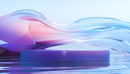 3d render podium with transparent glass wavy ribbon on water. Abstract geometric background in bright purple and blue colors. Modern platform mock up for promotion banners, product show presentation.