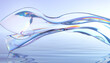 Abstract 3d render. Glass ribbon on water. Holographic shape in motion. Iridescent digital art for banner background, wallpaper. Transparent 
glossy design element flying in seascape. 