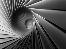 3d Render Of Abstract Black And White Art Of Surreal 3d Background With Part Of Turbine Jet Engine With Sharp Blades In Matte Metal Material Or Funnel In Spiral Pattern With Hole In The Centre 