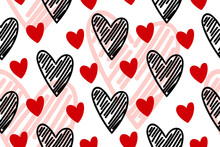 Vector Abstract Seamless Hand Drawn Hearts Pattern. White Background With Red, Black, Beige Doodled Hearts. Trendy Print Design For Textile, Wrapping Paper, Wedding Backdrops, Valentine's Day Concepts