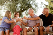 © alex.pin - gruppo di famiglia si rilassa divertito in giardino brindando con un aperitivo seduti in un divano in esterni