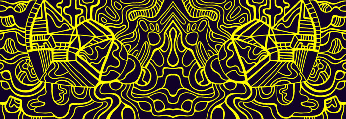 Doodle psychedelic abstract cyberpunk style, yellow outline, isolated on black.