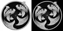 Pisces Zodiac Sign, Astrological, Horoscope Symbol. Pixel Monochrome Style Icon. Stylized Graphic Black White Two Fish Swimming In A Circle. Body Decorated With Geometric Pattern. Vector Illustration.