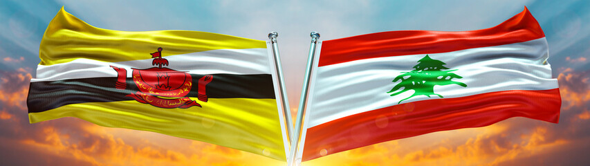 Double Flag Lebanon الجمهورية اللبنانية and Brunei flag waving flag with texture sky Cloud and sunset