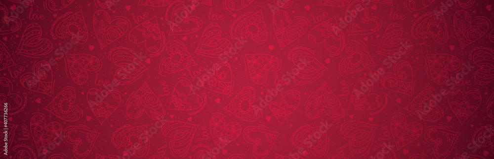 Red banner with valentines hearts. Valentines greeting banner. Horizontal holiday background, headers, posters, cards, website. Vector illustration - obrazy, fototapety, plakaty 