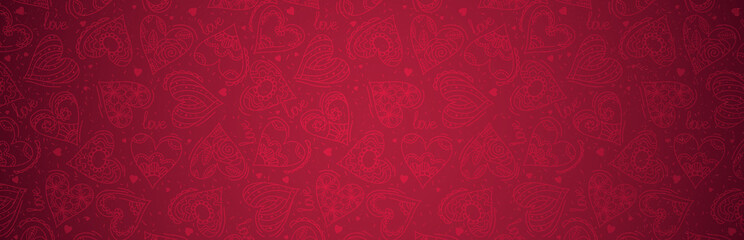 Wall Mural - red banner with valentines hearts. valentines greeting banner. horizontal holiday background, header