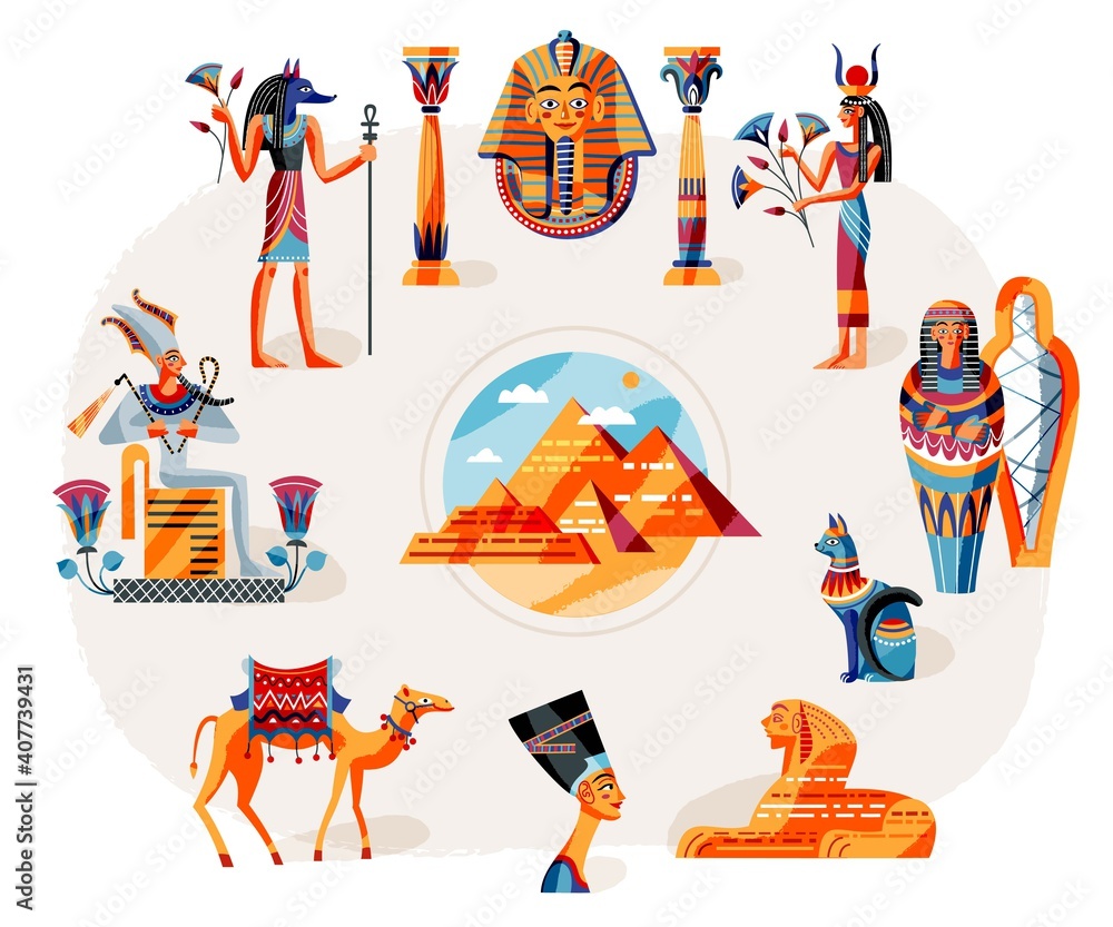 Ancient Egypt art history set. Egyptian symbols, gods, landscape vector ...