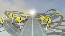 Straight Path To Success Choosing The Right Strategic Path With Yellow Traffic Signs., 3d Illustration.., 3D Rendering.