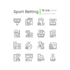 Wall Mural - Sports betting linear icons set. Cashing out option. Financial award. Mobile casino. In-game betting. Customizable thin line contour symbols. Isolated vector outline illustrations. Editable stroke