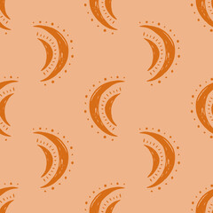 Moon seamless pattern in warm colors, stylized boho ethnic style. Vector illustration