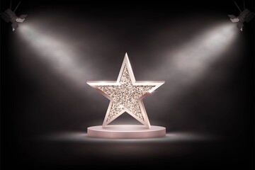 Wall Mural - brown glitter star with frame on podium in spotlight. christmas ornament shiny emblem vector illustr
