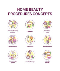 Naklejka na meble Home beauty procedures concept icons set. At-home spa activities idea thin line RGB color illustrations. Immunity-boosting smoothie. Skin brightening. Vector isolated outline drawings. Editable stroke