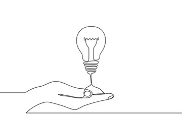 Wall Mural - Continuous one line drawing of hand holding electric light bulb at palm arm. Concept of idea emergence or generate and giving business ideas. Vector illustration.