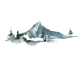 watercolor landscape of forest and single mountain. hand painted abstract winter fir and pine trees.