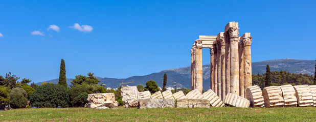 Wall Mural - Greek Olympian Zeus temple, panorama of ancient ruins, Athens, Greece