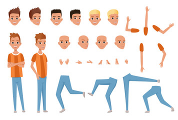 Young man character constructor with body parts legs, arms, hand gestures. Angry, dissatisfied, surprised and calm face expression. Full length boy. Stylish hairstyles. Flat .