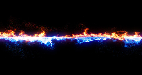 Wall Mural - blue and red fire, smoke in a line. 3d render