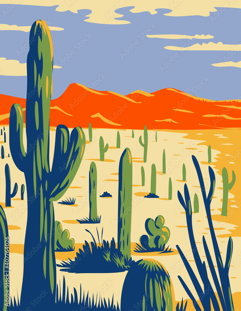 Saguaro National Park with Giant Saguaro Cactus in Sonoran Desert Pima County Arizona WPA Poster Art - obrazy, fototapety, plakaty 