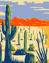 Saguaro National Park With Giant Saguaro Cactus In Sonoran Desert Pima County Arizona WPA Poster Art