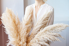 Woman In White Blouse Holding Pampas Grass. Lifestyle.Reed Plume Stem, Dried Pampas Grass, Decorative Feather Plant Arrangement For Home, Trendy Home Decor.