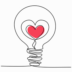 Wall Mural - Drawing a continuous line. The shape of the heart is in the light bulb. One line romantic concept. Trendy minimalistic style of Love. Black on a white background. Hand drawn vector illustration.