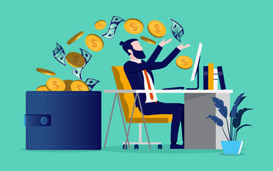 Leinwandbilder - Earning money online - Bearded man working on desk with computer and money flowing from screen to wallet. Vector illustration.
