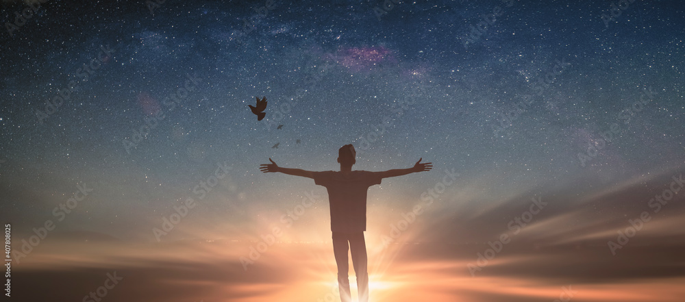 Happy man thinking felling ambitious empowerment energy vision on moutain background. Christian prayer love freedom worship praise God. Strength courage self confidence good for yourself concept 2021 - obrazy, fototapety, plakaty 