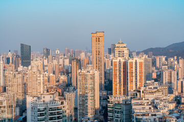  Modern cityscape, Chinese city skyline at dusk, Xiamen, China